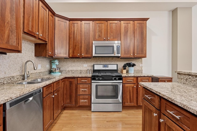 kitchen featuring light wood finished floors, light stone counters, a sink, stainless steel appliances, and backsplash