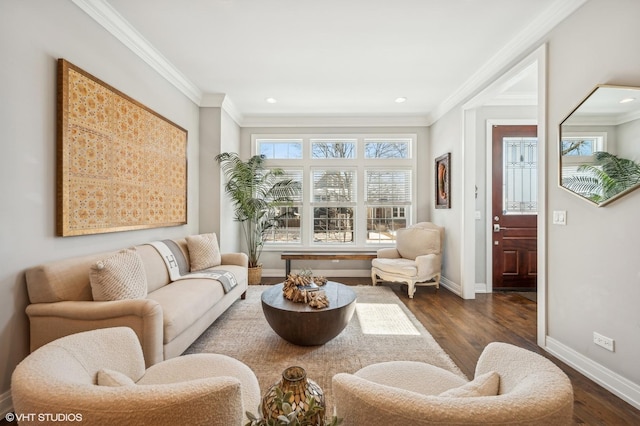 interior space with ornamental molding, recessed lighting, dark wood finished floors, and baseboards