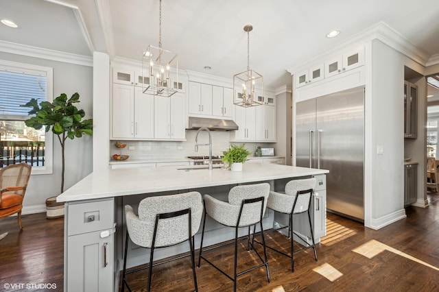 kitchen featuring stainless steel appliances, light countertops, under cabinet range hood, and an island with sink