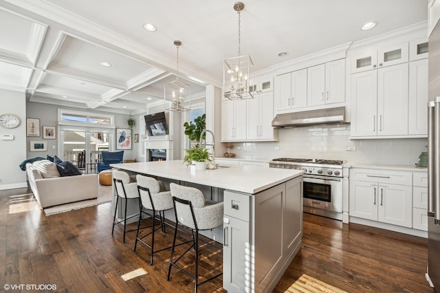 kitchen with light countertops, dark wood-type flooring, open floor plan, under cabinet range hood, and high end range