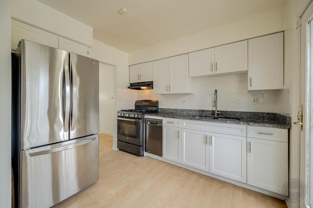 kitchen with stainless steel appliances, tasteful backsplash, a sink, and under cabinet range hood