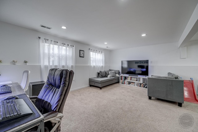 office space with carpet flooring, visible vents, and recessed lighting