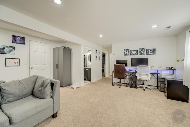 home office with light colored carpet, recessed lighting, and visible vents