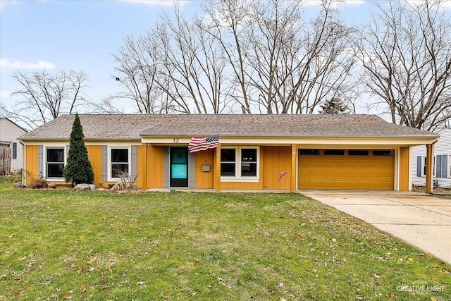 single story home with an attached garage, driveway, and a front lawn