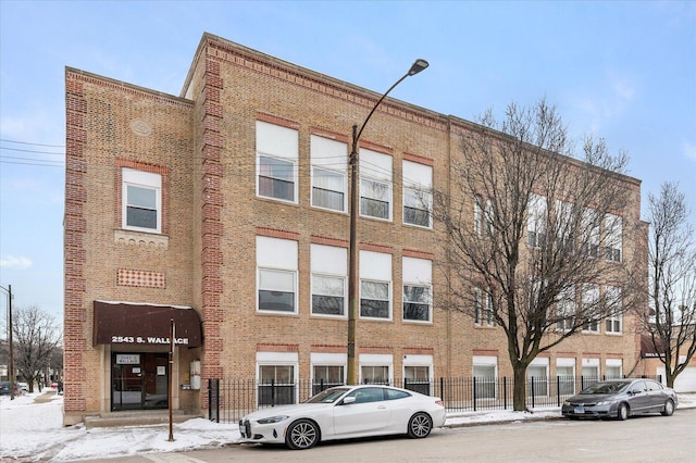 view of snow covered building