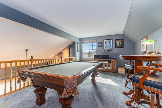 recreation room featuring lofted ceiling with beams and carpet floors