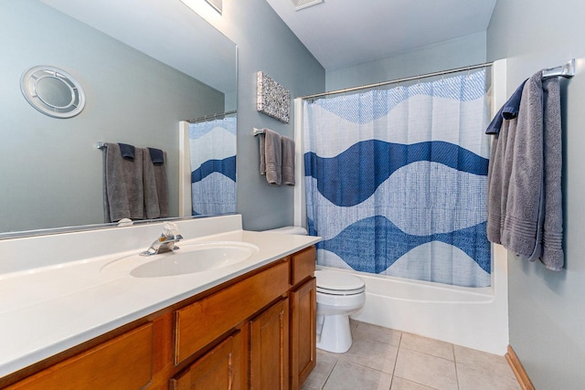 bathroom featuring toilet, shower / bathtub combination with curtain, vanity, and tile patterned floors