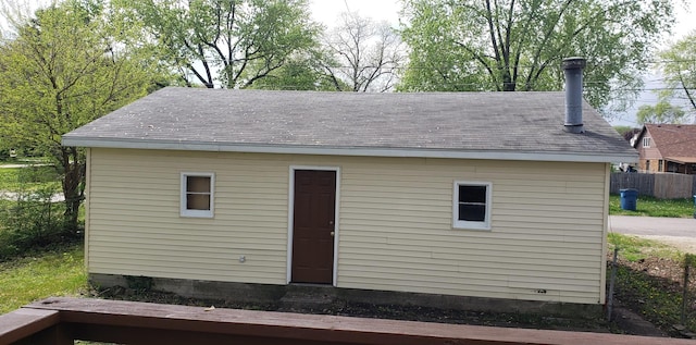 view of outbuilding featuring an outdoor structure and fence