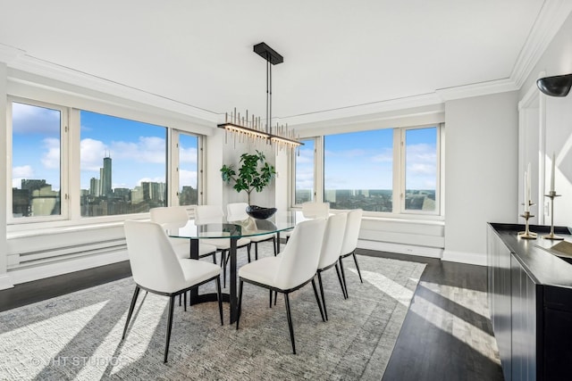 dining room featuring a healthy amount of sunlight, a view of city, dark wood-style flooring, and crown molding