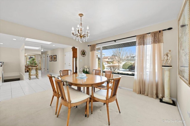 dining space featuring light tile patterned floors, recessed lighting, light colored carpet, baseboards, and an inviting chandelier