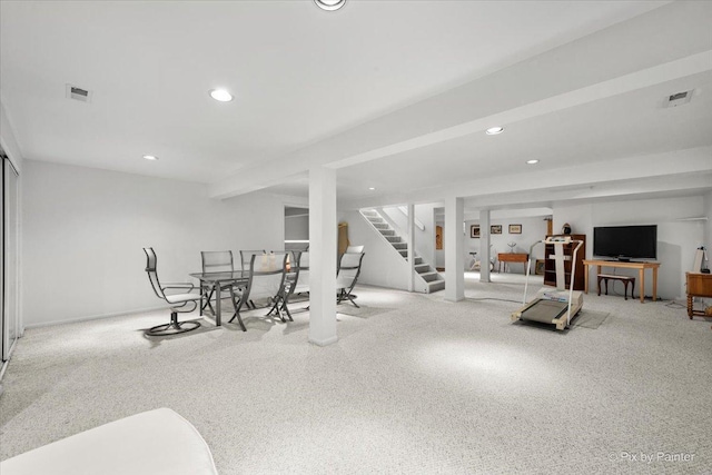 dining area featuring light carpet, stairs, visible vents, and recessed lighting