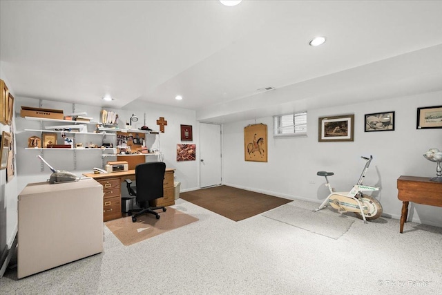 office with baseboards, speckled floor, visible vents, and recessed lighting