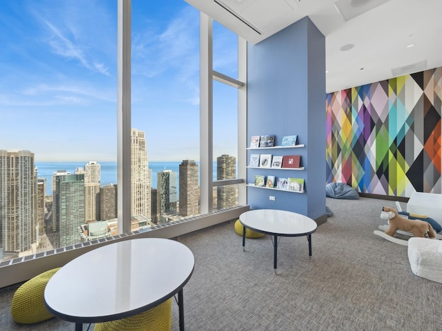 game room featuring carpet floors, a city view, a water view, and wallpapered walls