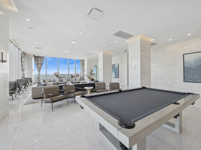 game room featuring recessed lighting, floor to ceiling windows, and billiards