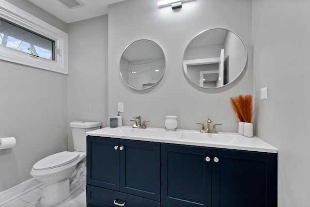 full bathroom featuring marble finish floor, visible vents, a sink, and toilet