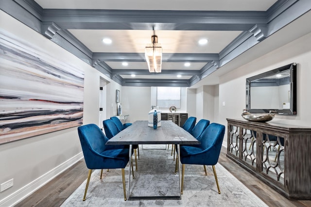 dining area with recessed lighting, beamed ceiling, baseboards, and wood finished floors