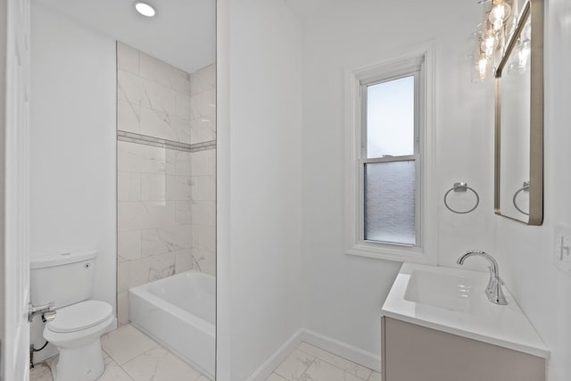 bathroom with baseboards, toilet, vanity, marble finish floor, and shower / bathtub combination