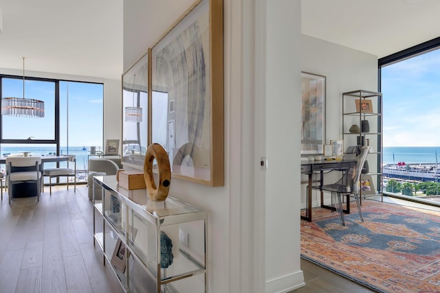 interior space featuring a water view, an inviting chandelier, a wall of windows, and wood finished floors