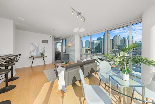 living area featuring a view of city, light wood-type flooring, a wealth of natural light, and floor to ceiling windows