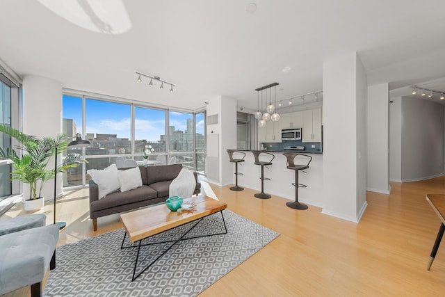 living room with expansive windows, light wood finished floors, rail lighting, and a city view