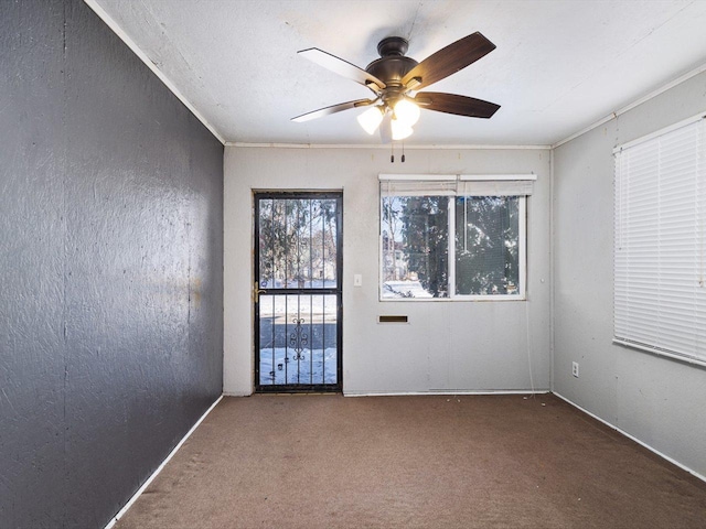 empty room featuring a textured ceiling, a textured wall, carpet flooring, a ceiling fan, and ornamental molding