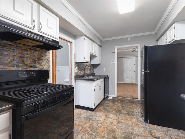 kitchen with under cabinet range hood, a sink, white cabinetry, black appliances, and dark countertops