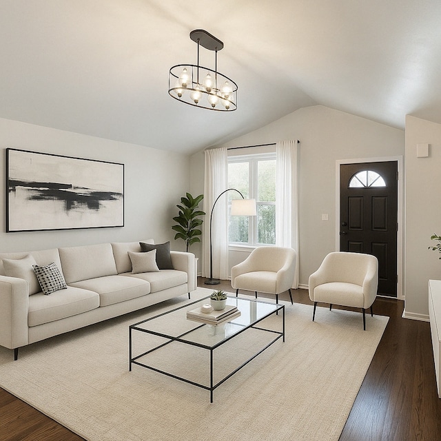 9310 S Eggleston Ave, Chicago, IL 60620 - living room featuring a chandelier, vaulted ceiling, baseboards, and dark wood-style flooring