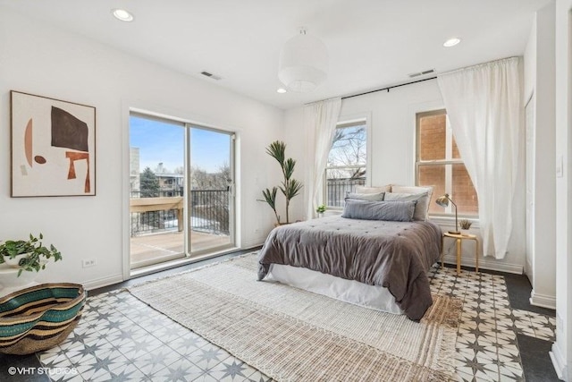 bedroom featuring access to outside, visible vents, baseboards, and recessed lighting