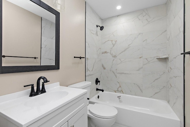 full bath with toilet, shower / bathtub combination, recessed lighting, and vanity