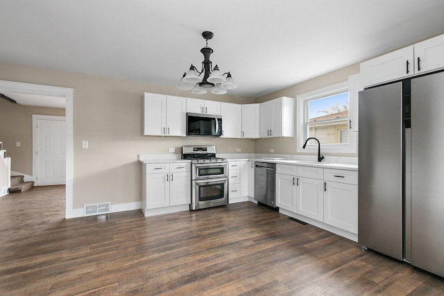 kitchen with stainless steel appliances, a sink, visible vents, white cabinetry, and light countertops