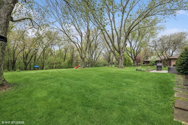 view of grassy yard with an area to practice putting