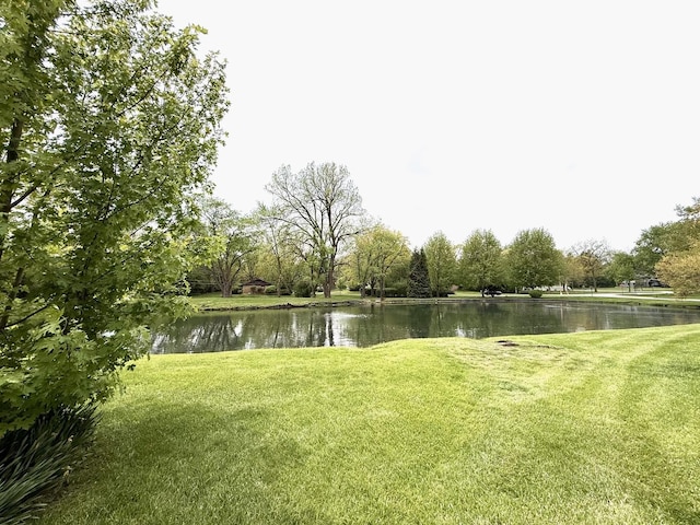 view of green lawn with a water view