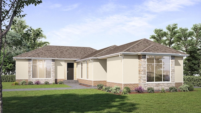 view of front of house with a front yard, stone siding, brick siding, and stucco siding