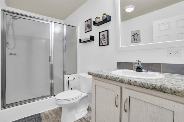 bathroom with vanity, a shower stall, toilet, and wood finished floors