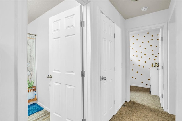 corridor with carpet floors and baseboards