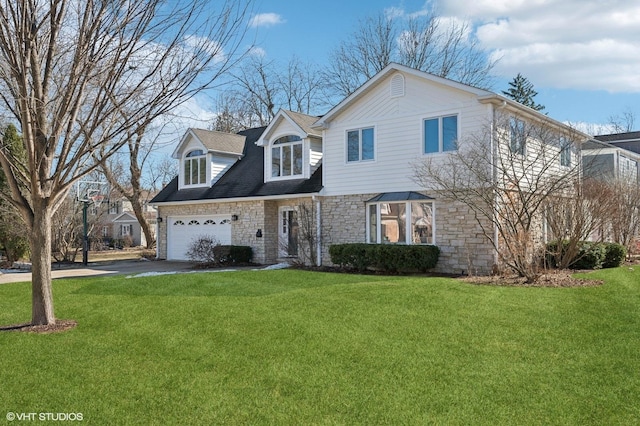 view of front facade with driveway, stone siding, and a front yard