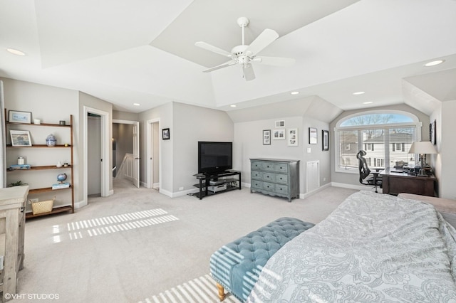 bedroom featuring baseboards, vaulted ceiling, carpet flooring, and recessed lighting