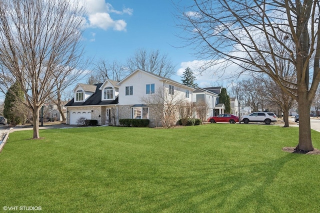 view of front of property with driveway, a residential view, and a front lawn