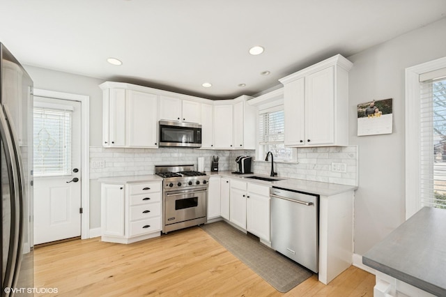 kitchen featuring light wood-type flooring, a wealth of natural light, stainless steel appliances, and a sink