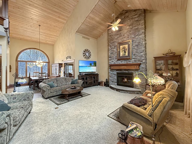 11307 Timber Lane Rd, Lena, IL 61048 - living room with high vaulted ceiling, wood ceiling, a ceiling fan, a chandelier, and a fireplace