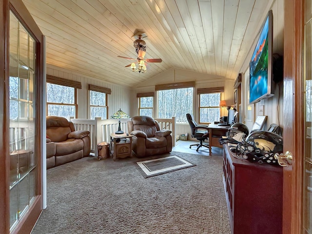 carpeted living area featuring wood ceiling and vaulted ceiling