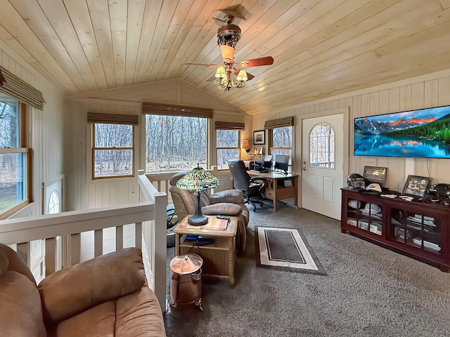 carpeted living area featuring lofted ceiling and wooden ceiling