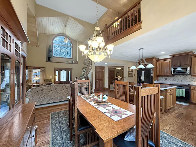 dining space featuring high vaulted ceiling, wooden ceiling, wood finished floors, and a notable chandelier