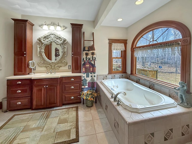 full bath with recessed lighting, vanity, tile patterned floors, a whirlpool tub, and beamed ceiling