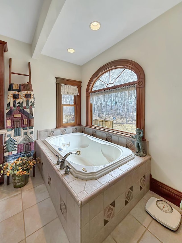 full bathroom featuring recessed lighting, a tub with jets, baseboards, and tile patterned floors