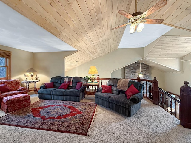 carpeted living room featuring lofted ceiling, wooden ceiling, and ceiling fan