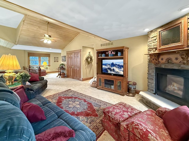 carpeted living area featuring a fireplace, lofted ceiling, visible vents, wooden ceiling, and baseboards