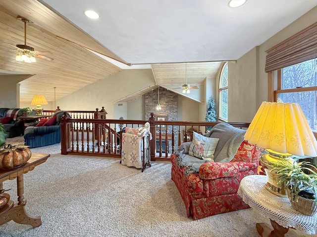 living room with lofted ceiling, wood ceiling, carpet flooring, and recessed lighting