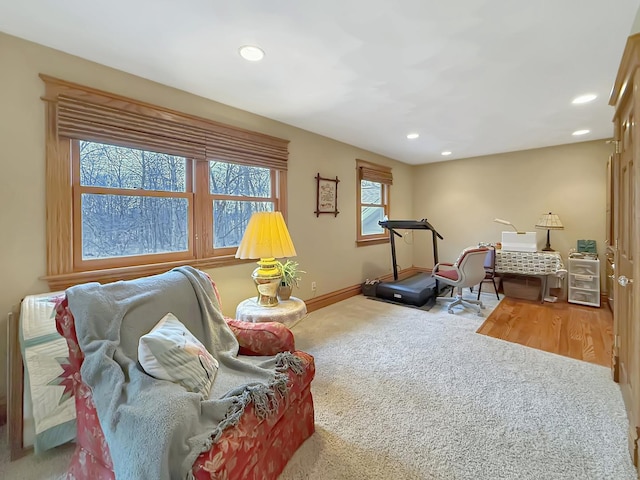 interior space featuring recessed lighting, carpet flooring, and baseboards