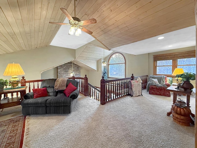 carpeted bedroom with a ceiling fan, lofted ceiling, wooden ceiling, and recessed lighting